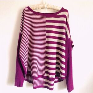Cashmere Sweater Maroon Striped Pullover w Curved Hem Sz L